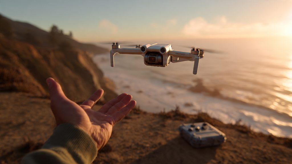 DJI Mini 4 Pro launching from a filmmaker's outstretched palm at golden hour, coastal bluff location, ocean in background, RC 2 controller in other hand, hard-shell drone case open on the ground nearby, photorealistic