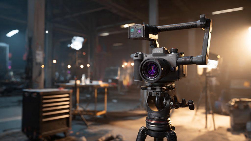 DJI Ronin 4D with Zenmuse X9 camera mounted on a fluid head tripod on a commercial film set, visible LiDAR projector on the front of the camera, Aputure 600d Pro in background, DJI Mavic 3 Pro Cine case open on a gear table, no talent in frame, photorealistic
