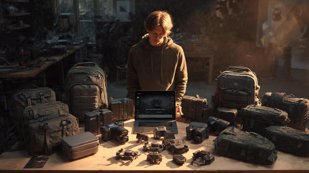 Filmmaker surrounded by gear bags looking at their existing DJI kit laid out on a table — RS 3, Mini 4 Pro, Mic 2, Pocket 3 — with a laptop open showing an online cart with more expensive gear, conflicted expression, photorealistic