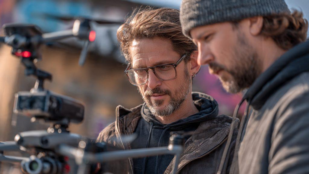 Two-person crew on a paid commercial shoot: DJI Mini 4 Pro in air above them visible in background, RS 3 gimbal with mirrorless camera in operator's hands, Pocket 3 rigged as a second angle, Aputure Amaran 200d on a stand, real location exterior, photorealistic
