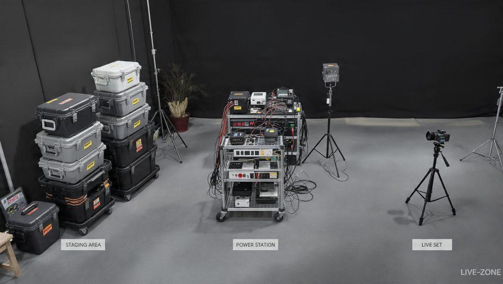 Top-down view of a professional three-zone video production setup. Left zone labeled Staging Area shows stacked Pelican cases on a rolling utility cart. Center zone labeled Power Station displays labeled power strips and charging batteries on a rolling cart. Right zone labeled Live Set shows a clear filming area with one camera on a tripod and one light stand, free of cables and equipment cases.Top-down view of a professional three-zone video production setup. Left zone labeled Staging Area shows stacked Pelican cases on a rolling utility cart. Center zone labeled Power Station displays labeled power strips and charging batteries on a rolling cart. Right zone labeled Live Set shows a clear filming area with one camera on a tripod and one light stand, free of cables and equipment cases.