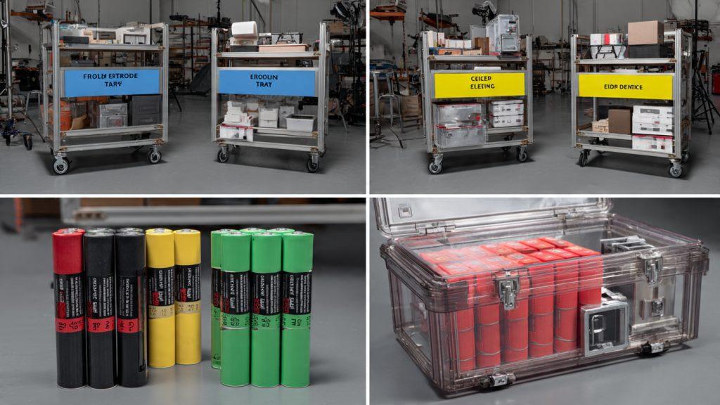 Photorealistic instructional image for color-coded film set organization. Split layout: Top half shows Union Standard with three carts labeled with color chart - blue tape for Set Dressing cart, yellow tape for Props cart, white tape for Grip & Electric cart, color legend taped to cart doors. Bottom half shows Indie Adaptation Red/Green Rule: close-up of LP-E6 batteries with green electrical tape wrapped around charged ones and red tape around dead ones, plus clear hard-shell battery case showing charged batteries face-up and dead batteries face-down. Documentary style, overhead studio lighting, detailed textures, educational infographic feel