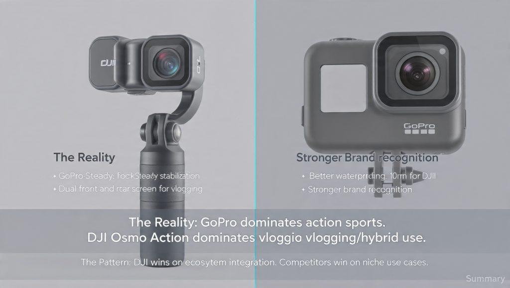 DJI vs GoPro (Action Cameras) GoPro's Strength: Better waterproofing (10m native vs 6m for DJI Action), stronger brand recognition. DJI's Advantage: RockSteady stabilization, dual front/rear screens for vlogging, magnetic mounting. The Reality: GoPro dominates action sports. DJI Osmo Action dominates vlogging/hybrid use. Who Should Buy GoPro: Surfers, snowboarders, mountain bikers prioritizing durability over vlogging features. The Pattern: DJI wins on ecosystem integration. Competitors win on niche use cases.