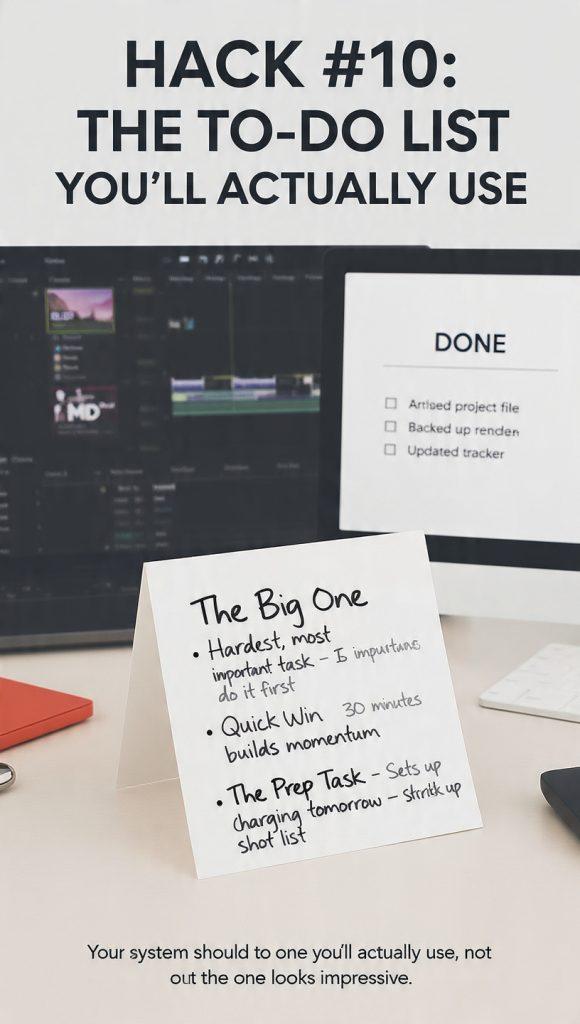Hack #10: The To-Do List You'll Actually Use The Problem with "Productivity" Lists Most to-do lists are aspirational fiction. You write down 15 tasks, complete 3, feel guilty about the other 12, and carry them forward to tomorrow where they haunt you like unfinished B-roll. The Three-Item Rule Every day, pick three tasks: The Big One: The hardest, most important task. Do it first, when your brain is fresh. The Quick Win: Something you can finish in under 30 minutes. Builds momentum. The Prep Task: Something that sets up tomorrow (charging batteries, organizing next day's shot list). That's it. Three tasks. If you finish all three, great—add more. But three is the baseline. The "Done" Definition A task isn't done until it's strike-ready. "Edit Scene 5" isn't done when you export it—it's done when you've archived the project file, backed up the render, and updated your project tracker. The Paper vs. Digital Reality I've tried every app. Todoist. Things. Notion. I always come back to a 3x5 index card that lives on my desk. Why? Because I can't close it like a browser tab. It's physically there, staring at me, until I finish it and throw it away. Your system should be the one you'll actually use, not the one that looks impressive in a productivity blog.