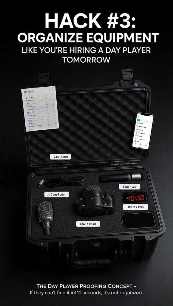 Professional infographic poster titled "Hack #3: Organize Equipment Like You're Hiring a Day Player Tomorrow". Clean, modern filmmaking gear organization theme with a Pelican case open showing neatly labeled camera gear: camera body,