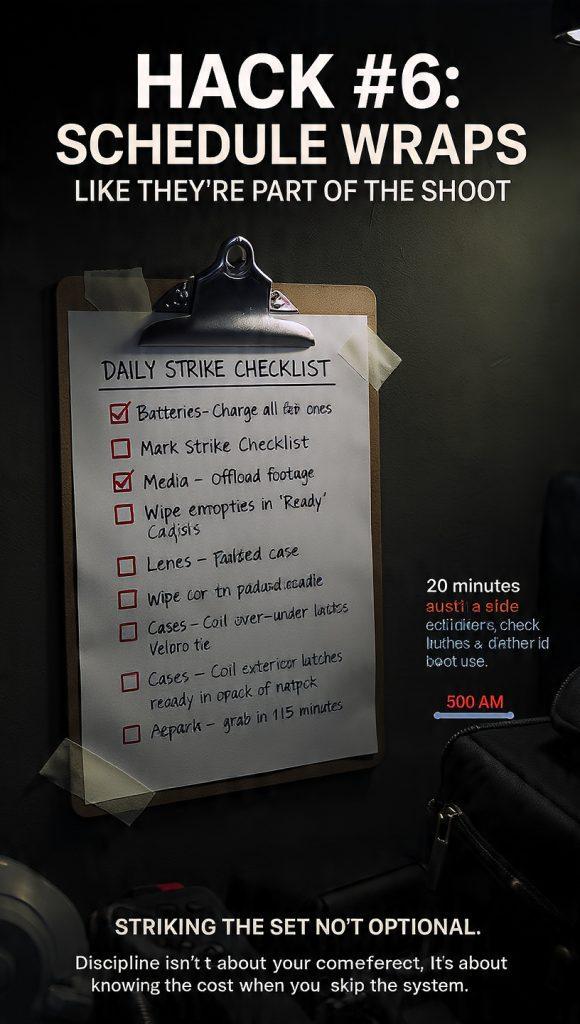 Professional infographic poster titled "Hack #6: Schedule Wraps Like They're Part of the Shoot". Shows a filmmaker's gear staging area at night with the "Daily Strike Checklist" on a clipboard taped to the wall: Batteries - Charge all, mark dead ones with