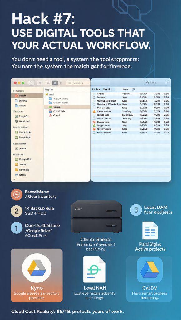 Professional infographic poster titled "Hack #7: Use Digital Tools That Match Your Actual Workflow". Shows a filmmaker's digital asset management setup: split screen of macOS Finder tags and Windows metadata with tags for Project name