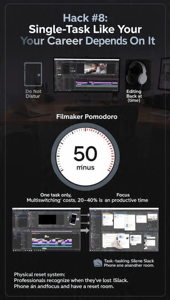 Professional infographic poster titled "Hack #8: Single-Task Like Your Career Depends On It". Shows a filmmaker's editing workspace with visual "Do Not Disturb" signals: closed door icon, headphones on, Slack/Discord status set to "Editing - Back at [time]". Central visual of "Filmmaker Pomodoro" timer showing 50 minutes focus, 10 minute break vs standard 25/5. Contrasts multitasking chaos with single-task focus - one screen showing editing software only vs multiple scattered windows, emails, phone.
