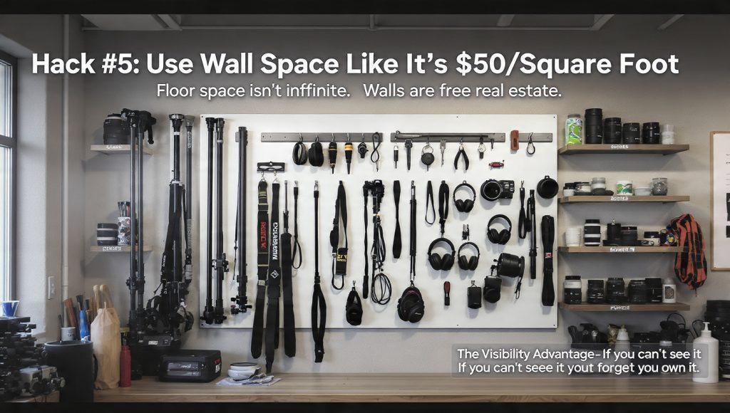 Cinematic 16:9 infographic titled "Hack #5: Use Wall Space Like It's $50/Square Foot". Shows a filmmaker's organized studio wall with 4x8 pegboard holding boom poles, collapsed light stands, camera straps, headphones, and XLR