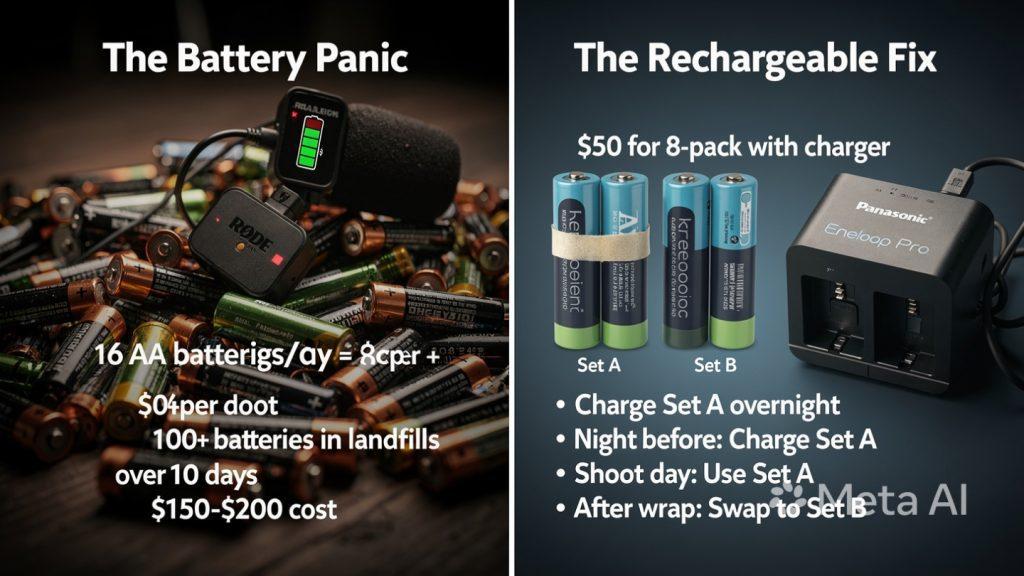 Infographic comparing disposable vs rechargeable batteries on a film set. Left side shows a pile of dead AA batteries next to a Rode Wireless GO mic with text: '16 AA batteries/day = $24 per shoot, 100+ batteries in landfills over 10 days.' Right side shows Panasonic Eneloop Pro rechargeable batteries labeled Set A and Set B with a charger and workflow text: '$50 for 8-pack, Charge Set A overnight, Rotate sets.'