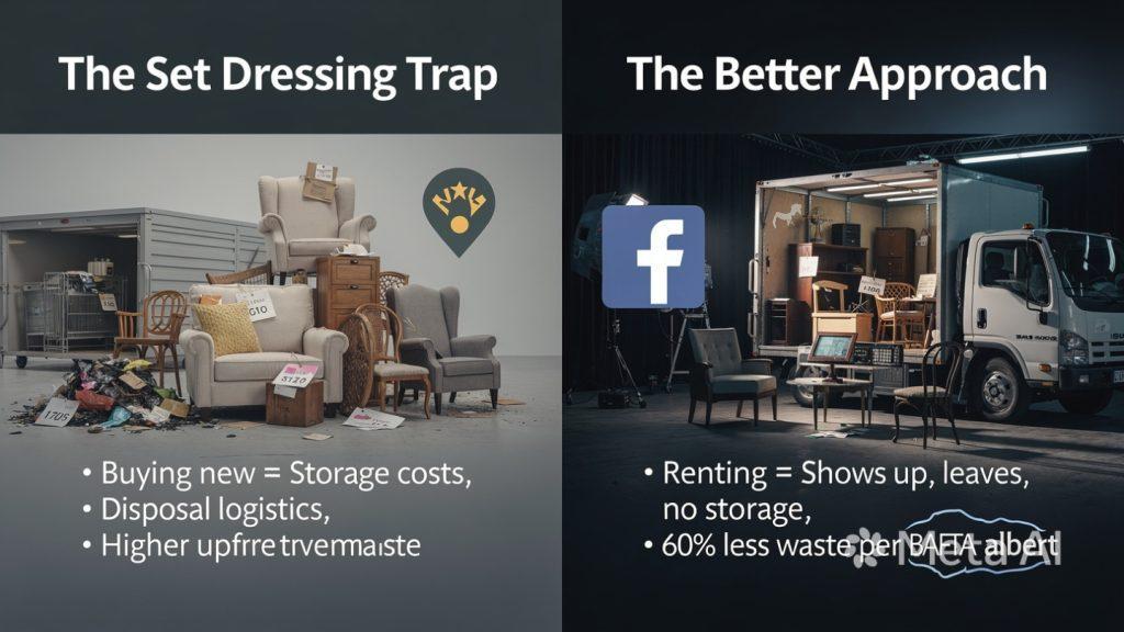 Infographic comparing buying vs renting props for film sets. Left side shows new furniture with price tags and a storage unit with text: 'Buying new = Storage costs, Disposal logistics, Higher upfront expense.' Right side shows a rental truck delivering furniture with icons for Facebook Marketplace and prop houses, with text: 'Renting = Shows up, leaves, no storage, 60% less waste per BAFTA albert.'