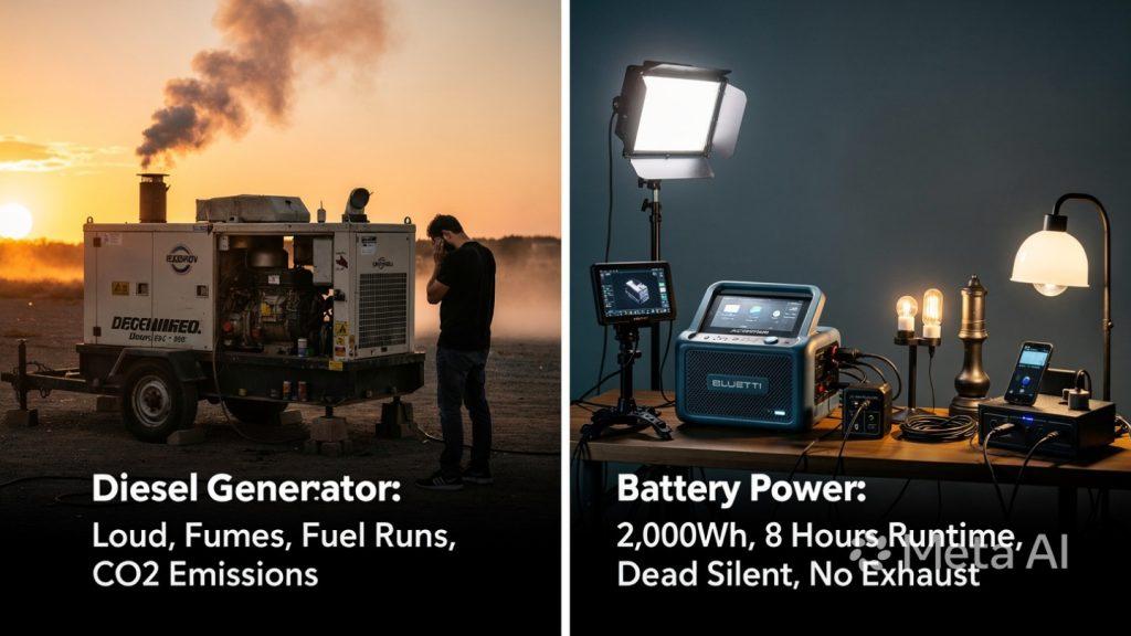 Infographic comparing diesel generators to battery power stations on a film set. Left side shows a diesel generator with visible exhaust fumes and text: 'Diesel Generators: Loud, Fumes, Fuel Runs, CO2 Emissions.' Right side shows a Bluetti AC200P battery station powering film equipment with text: 'Battery Power: 2,000Wh, 8 Hours Runtime, Dead Silent, No Exhaust.'