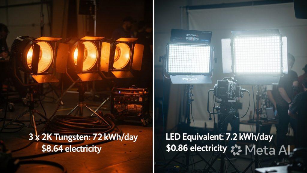Infographic comparing traditional tungsten film lighting to LED lighting on a film set. Left side shows three hot tungsten fresnel lights with text: '3 x 2K Tungsten: 72 kWh/day, $8.64 electricity.' Right side shows modern LED panels with text: 'LED Equivalent: 7.2 kWh/day, $0.86 electricity.' A film crew works between the two setups.