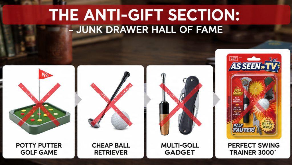 Infographic titled The Anti-Gift Section: Golf Gifts to Avoid, showing four bad golf gifts with red X marks