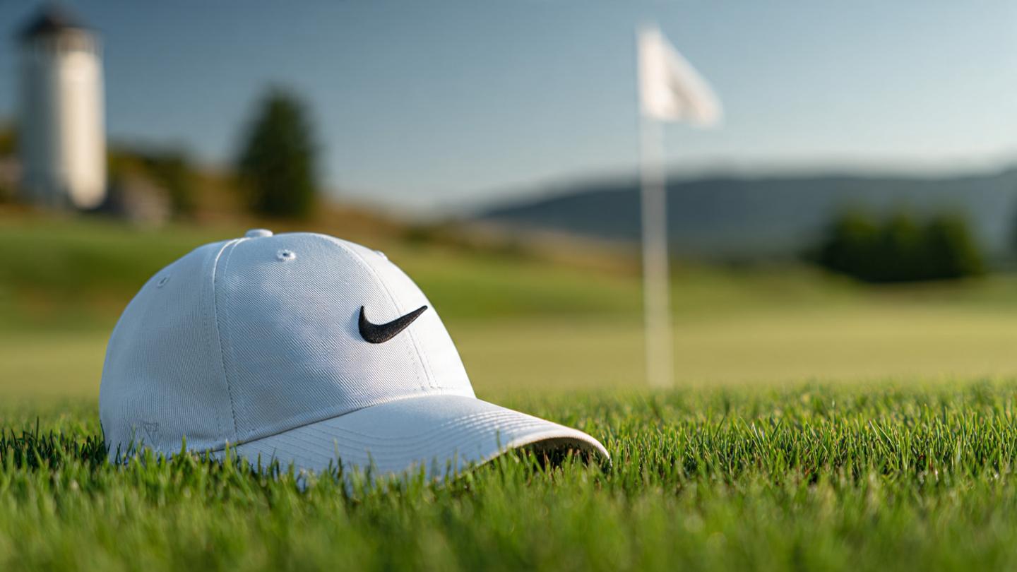 White Nike performance golf cap with embroidered swoosh resting on green grass, golf course fairway and flag visible in the background