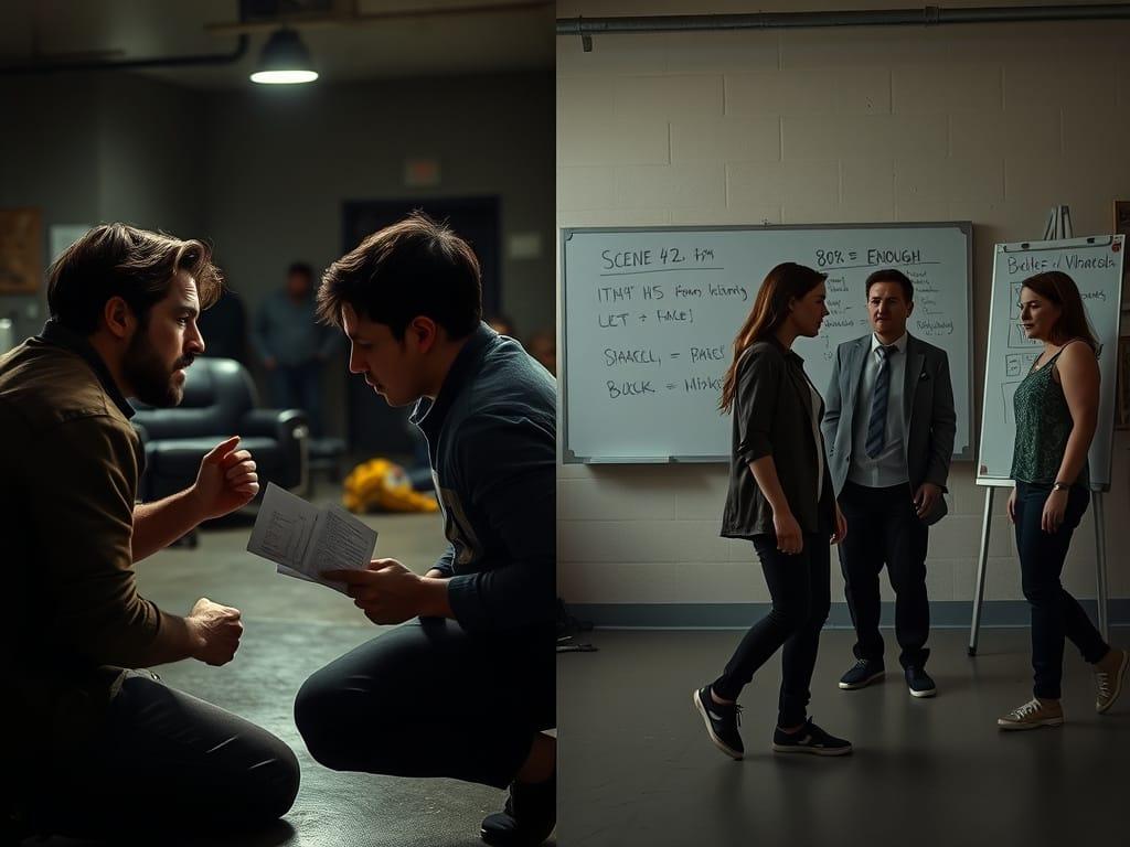 A dynamic split-screen image contrasting two rehearsal styles. Left side: An intense, intimate rehearsal of an emotional climax—actors (20s-30s, raw and unfiltered) performing a heated confrontation in a dimly lit room. The director (focused, script in hand) kneels close, adjusting a performer’s stance. A sticky note on the wall reads: ‘SCENE 42 - 15th TAKE.’ Right side: A relaxed, efficient blocking rehearsal for a simple dialogue scene—actors casually walking through marks while a DP quickly sketches lighting setups. A whiteboard behind them says: ‘80% = GOOD ENOUGH.’ Style: Gritty indie realism with a handheld documentary vibe (think The Wrestler or Blue Valentine).