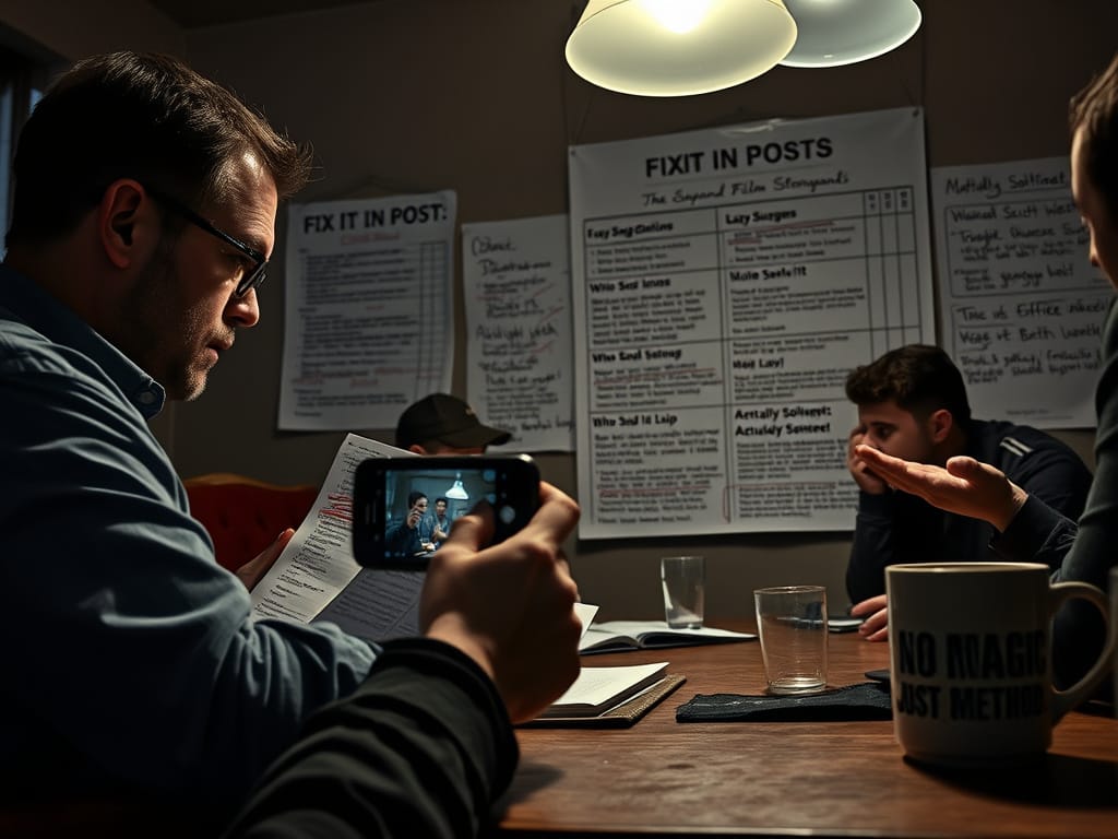 A dimly lit indie film table read in progress, somewhere between a crime scene investigation and a writer’s room revolution. The director (30s, intense, sleeves rolled up) stands over a script covered in red slashes—12 lines violently crossed out in marker. Nearby, an actor films storyboard frames on their smartphone, capturing another performer mid-line-read with hands gesturing wildly (the shot framed like a Breaking Bad cold open). On the wall: A giant ‘FIX IT IN POST’ log sheet with columns: ‘Lazy Suggestion’ / ‘Who Said It’ / ‘Actual Solution.’ A coffee cup reads: ‘NO MAGIC. JUST METHOD.’ Style: Zodiac (2007) meets The Social Network—documentary paranoia with a tech edge.