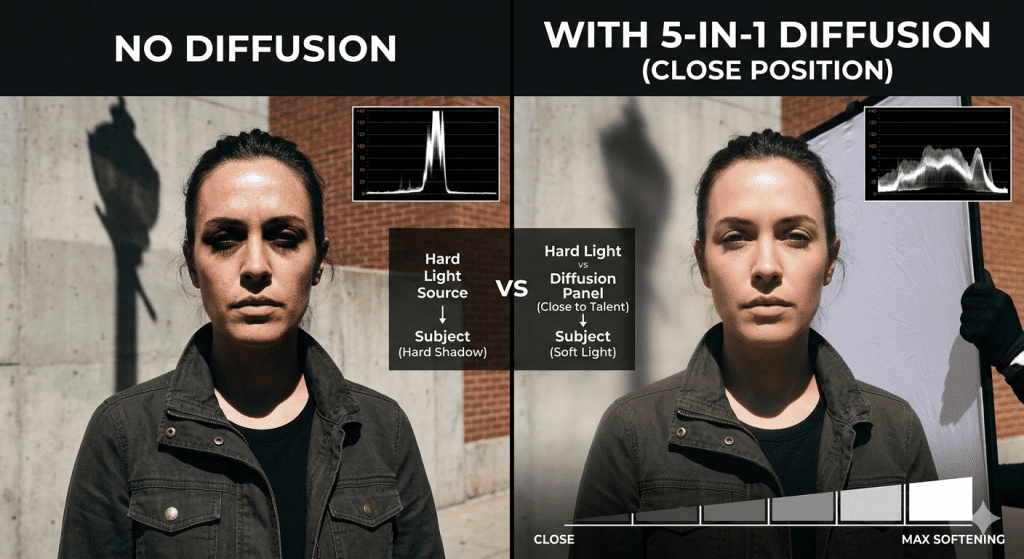 A side-by-side technical filmmaking comparison graphic demonstrating the effect of a lighting diffusion panel on a subject, split into two halves under a black header bar.