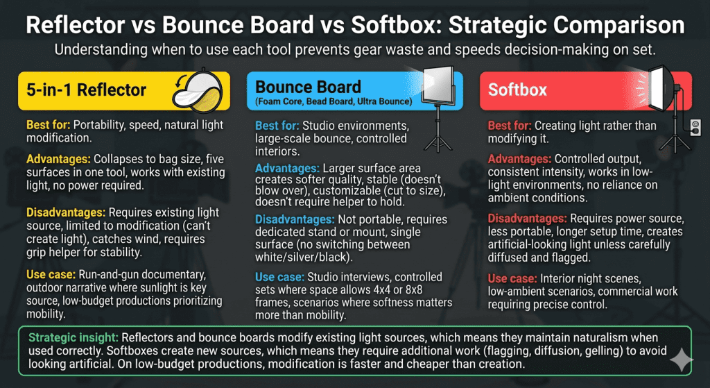 An infographic comparing lighting tools titled "Reflector vs Bounce Board vs Softbox: Strategic Comparison," with the subtitle "Understanding when to use each tool prevents gear waste and speeds decision-making on set."