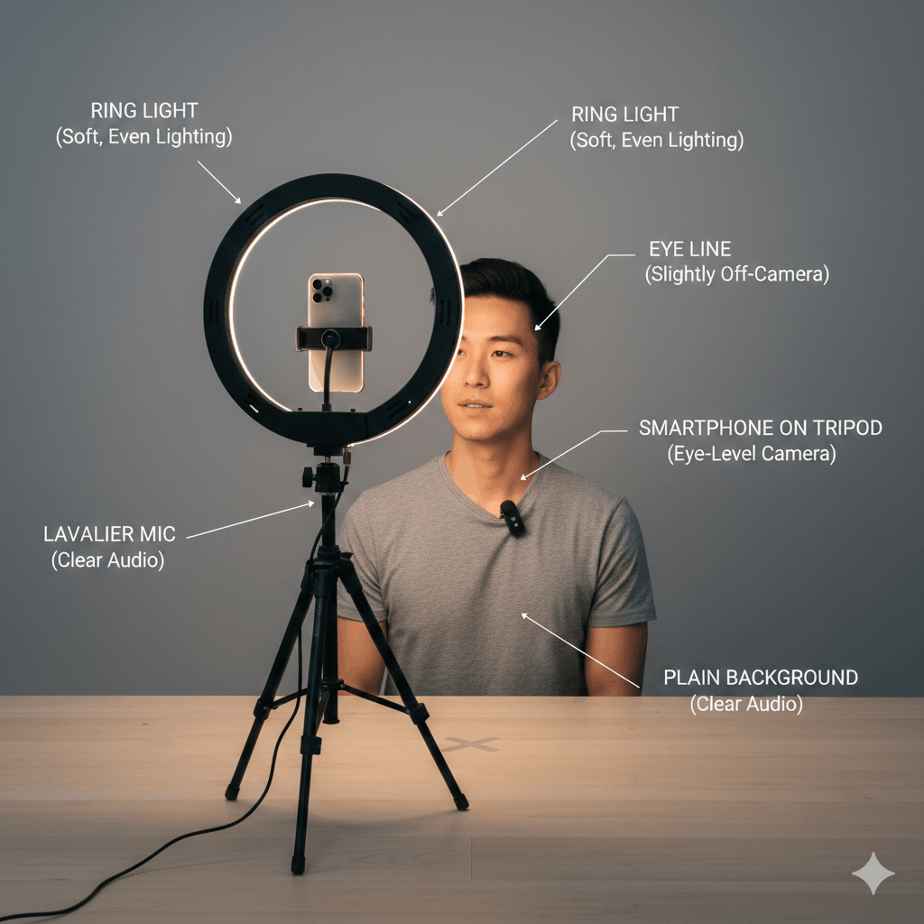 A professional home self-tape setup for actors featuring a ring light, smartphone tripod, and neutral background for auditions.
