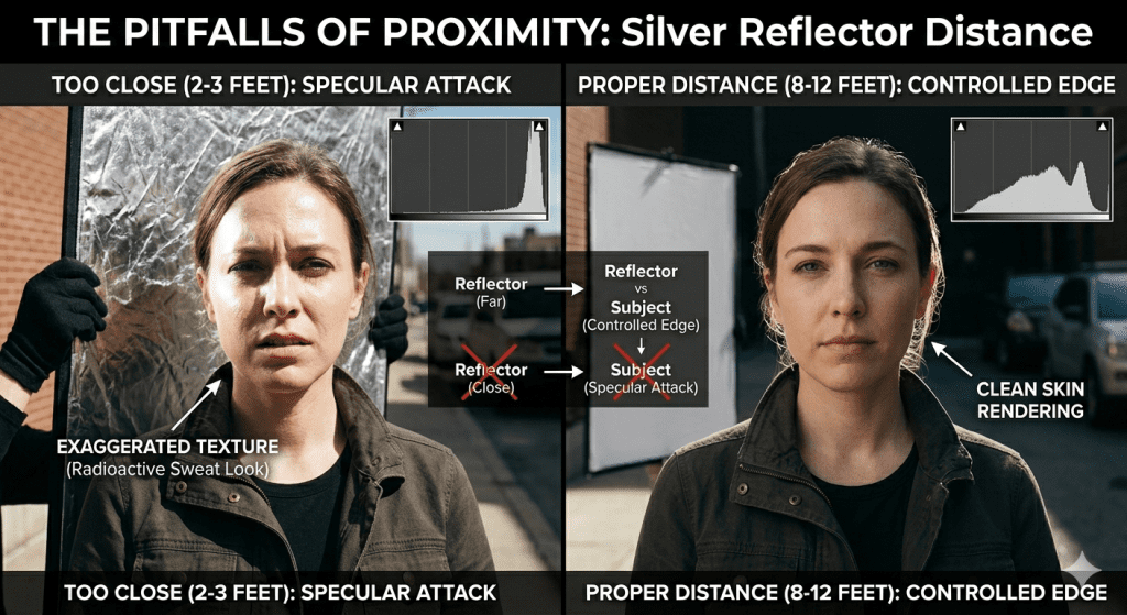 Holding Silver Reflectors Too Close to the Face This is probably the most common mistake in low-budget filmmaking. Silver reflectors create hard, specular bounce. When you position them two feet from someone's face, the light stops looking natural and starts looking like a flashlight wrapped in aluminum foil. Skin texture becomes exaggerated. Foreheads blow out. Cheekbones develop unnatural hot spots. Sweat suddenly looks radioactive. The fix is counterintuitive: Move silver farther away than feels necessary. At 8–12 feet, silver bounce starts behaving more like a controlled edge light instead of a specular attack on the actor's pores. You lose brightness, but gain dramatically better skin rendering. That's a trade most cinematographers will make every time.