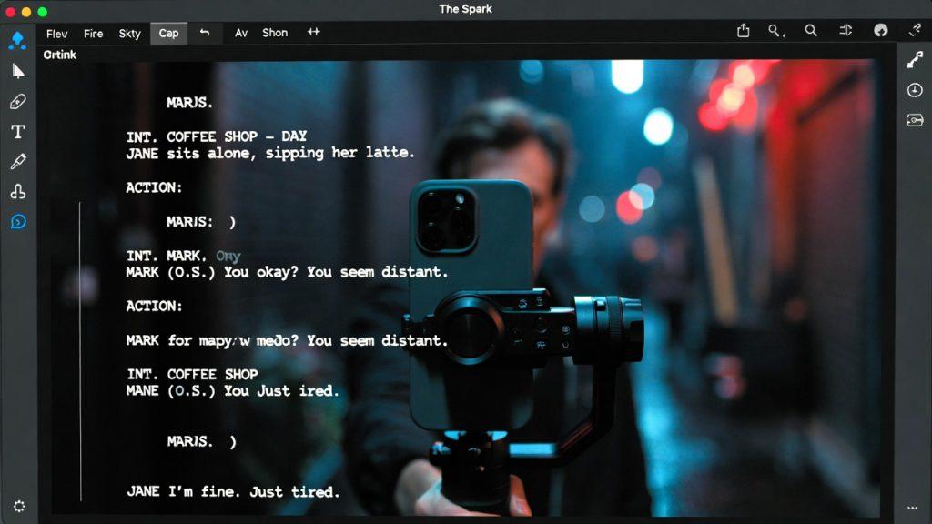Close-up of a screenwriting software interface showing a script with the title 'The Spark,' overlayed with a blurry background of a filmmaker holding an iPhone 15 Pro on a professional gimbal in a moody, neon-lit alleyway, cinematic lighting, 8k resolution.