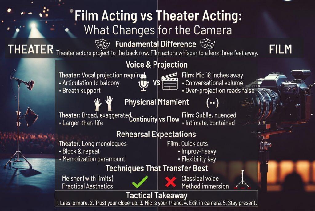 infographic of theatre vs film acting. essential acting techniques