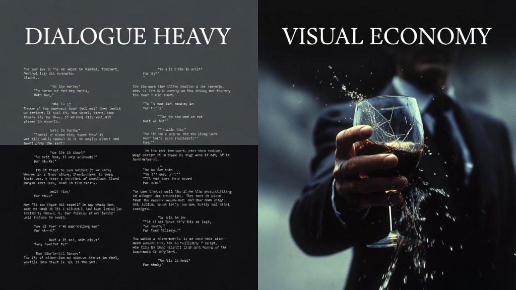 Prompt: "A minimalist infographic comparing 'Dialogue Heavy' vs 'Visual Economy.' On the left, a wall of text script. On the right, a single powerful image of a trembling hand holding a cracked glass. Cinematic noir style, clean professional design."