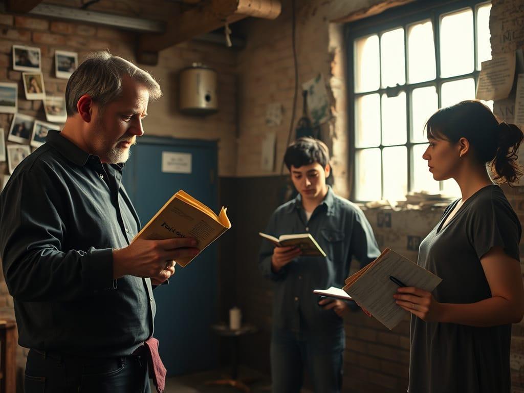 A candid, documentary-style photo of an indie film rehearsal in progress. Show a diverse group of actors and a director collaborating in a raw, intimate space (e.g., a dimly lit apartment, warehouse, or rehearsal room). The director (30s-40s, casual but focused, holding a script) gestures while giving notes to two actors mid-scene—one leaning forward intently, the other scribbling in a notebook. On the walls: handwritten storyboards, Polaroid test shots, and a vintage ‘Rehearsal Schedule’ paper. Warm, natural lighting with a 35mm film grain effect. Style reference: 2010s mumblecore films like Frances Ha or Drinking Buddies, with muted colors and unposed authenticity.