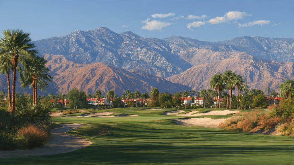 Shadow Hills Golf Club North Course Indio California, desert golf course with rolling fairways, bunkers, palm trees, Santa Rosa mountains backdrop, sunny day, photorealistic, high detail, 16:9 aspect ratio