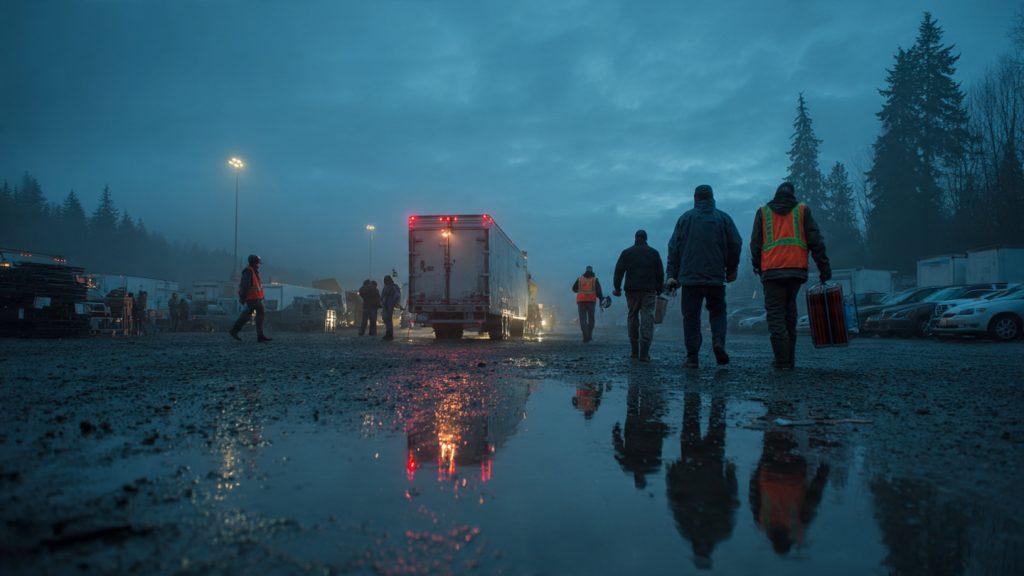 Behind-the-scenes photo of a rain-soaked film set in Vancouver at dawn—crew members in rain gear dragging equipment across a gravel parking lot, cold fog visible, production truck in background, natural lighting, documentary-style realism