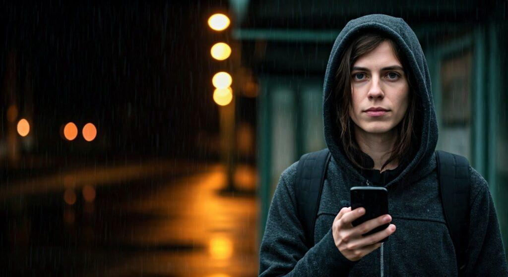 A person stands silhouetted in a dimly lit, slightly grimy hotel lobby at 3 AM. Rain streaks down the large window behind them. Their hand is in their pocket, clutching a cracked smartphone, and their expression, though unseen, conveys deep observation and quiet determination. A faint glow from a distant elevator bank illuminates arguing figures. Gritty, realistic, cinematic lighting, neo-noir, high contrast, subtle motion blur, shot on a phone, handheld feel, bokeh."