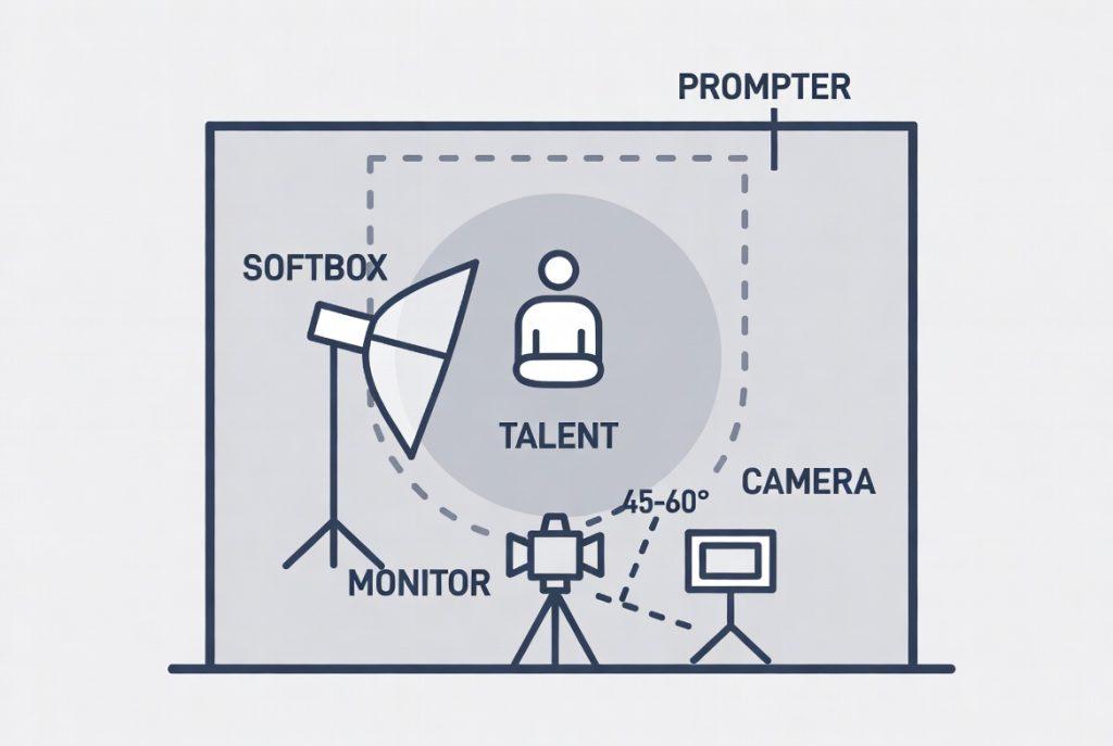DIAGRAM SUGGESTION: Single-light zone setup for solo interviews — soft box position, talent zone marked, camera angle, and monitor placement. Clean overhead view.