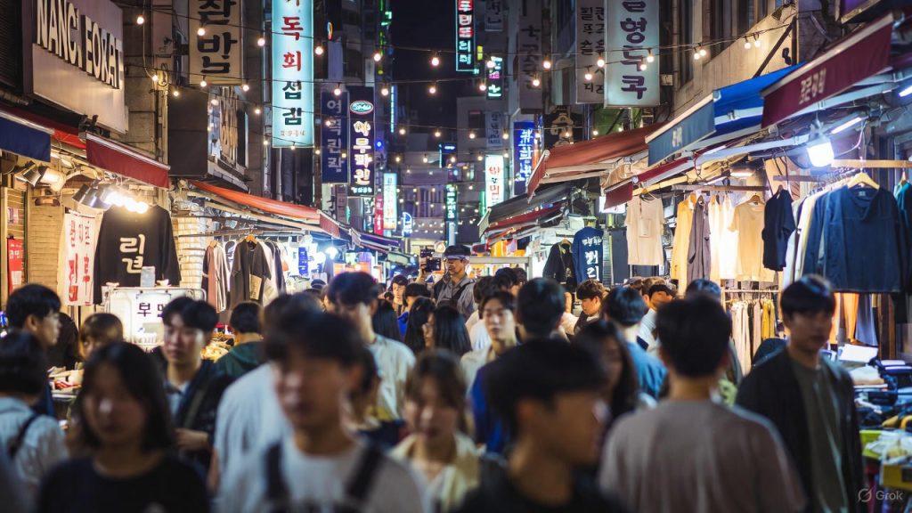 Bustling Seoul night market scene at places like Gwangjang or Namdaemun, filled with dense crowds of people walking between food stalls and shops under colorful hanging lights and neon signs, capturing the challenges of low light, fast-moving action, and navigating crowds while vlogging discreetly