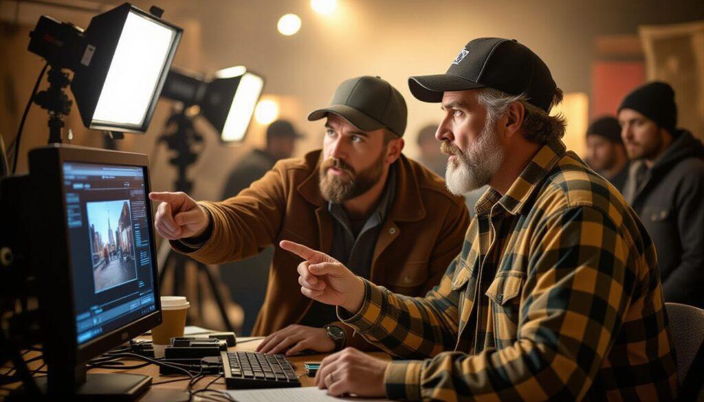 Film gaffers, grip, and cinematographer collaborating on set to achieve a visual aesthetic.
