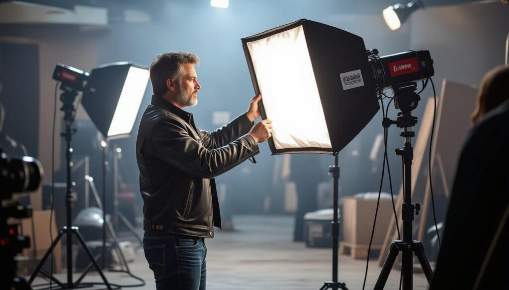 Gaffer adjusting a film light on set, demonstrating lighting expertise.