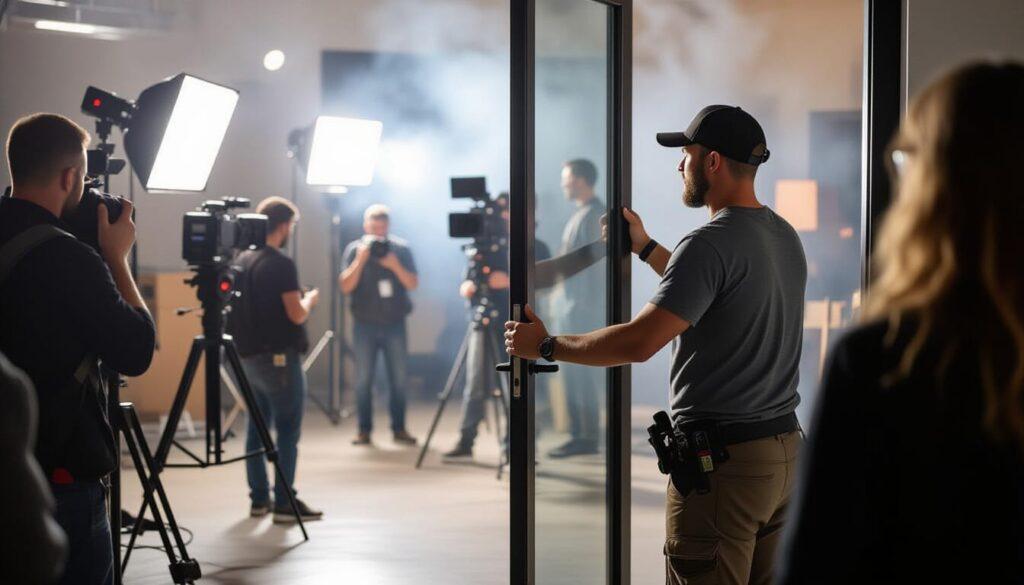 A production assistant holding a door on a film set, contrasting with a film crew shooting a scene, illustrating the hidden work behind the scenes.