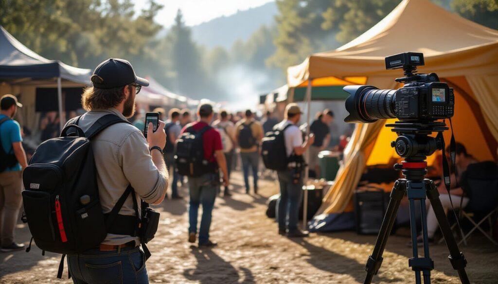 An image of a busy film set with PAs in the background, perhaps one holding a walkie-talkie, another setting up a tent, illustrating their omnipresence without being the central focus.