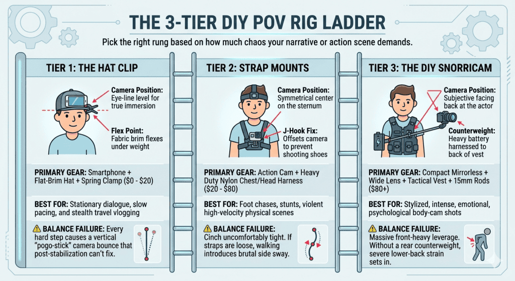 3-Tier Rig Ladder diagram — placed under the rig-ladder H2. A simple annotated side-by-side of all three rigs on a body silhouette, showing camera placement and counterweight points. Teaches at a glance which rig sits where on the body and where balance fails.