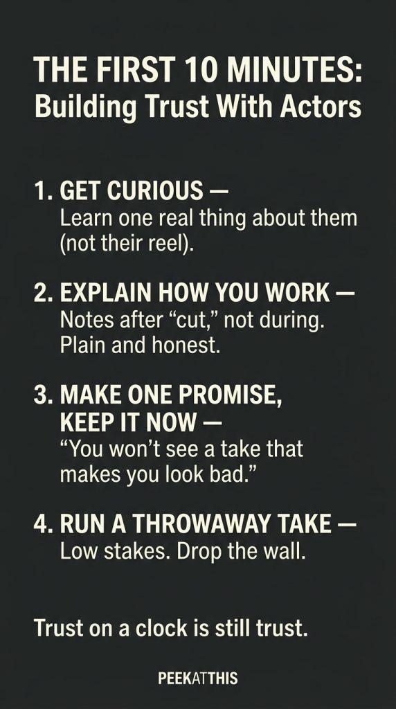 First 10 minutes checklist for building trust with actors on set — get curious, explain how you work, make one promise, run a throwaway take.