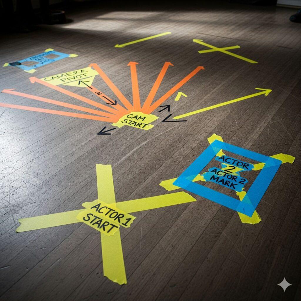 solo one take - Yellow and orange tape markers on a wooden floor, indicating camera and actor positions for a one-take film scene.