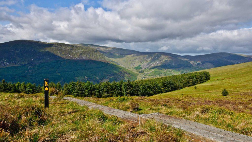 Lugnaquilla, the highest mountain in County Wicklow, Ireland at 925 metres, as seen from the Wicklow Way hiking trail on the saddle between Lugduff and Mullacor mountains.