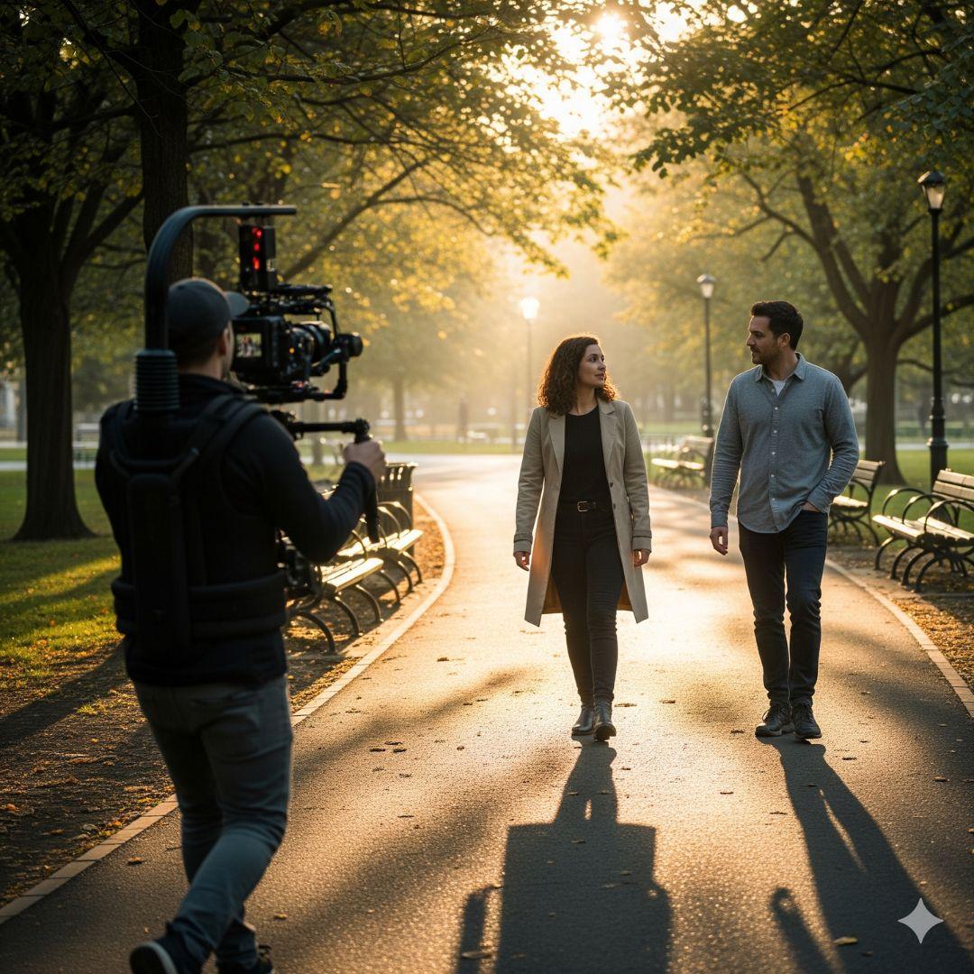 A solo camera operator films two actors walking and talking on a path in a park. The shot demonstrates a long, one-take continuous shot that a small crew can manage to get full coverage of a scene.