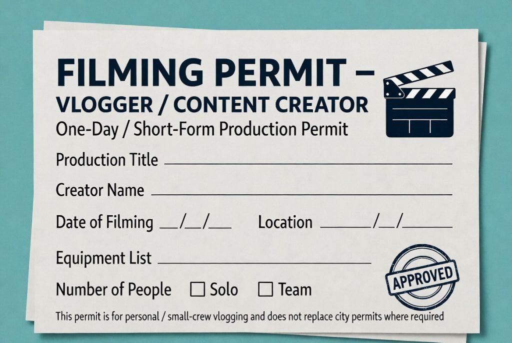 Alt text: Professional 16:9 graphic of a "Filming Permit – Vlogger / Content Creator". It is designed as a one-day / short-form production permit with fillable fields for Production Title, Creator Name, Date of Filming, Location, Equipment List, and Number of People (Solo or Team). Features a clapperboard icon at the top right and a large "APPROVED" stamp in the bottom right. Footer note states this permit is for personal/small-crew vlogging and does not replace official city permits.