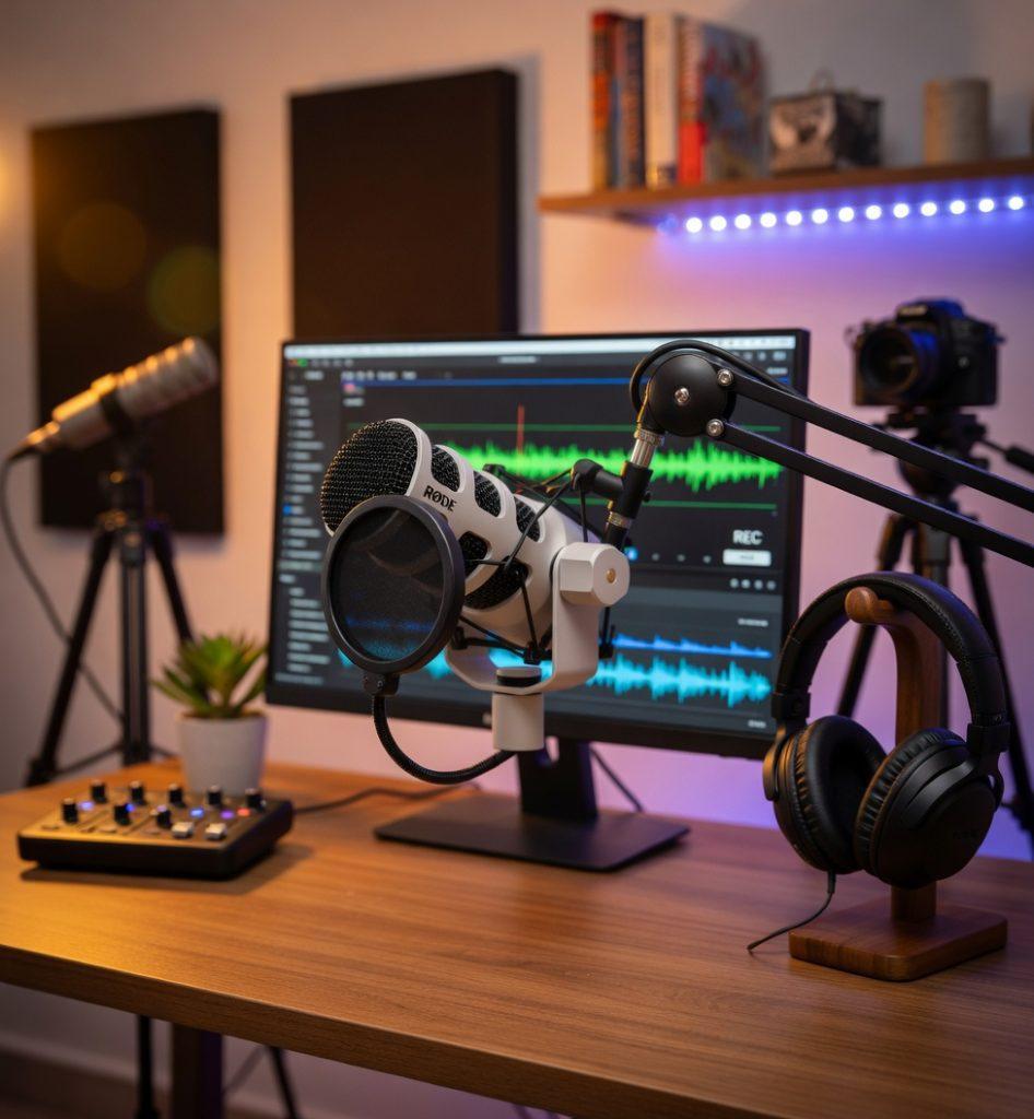 Professional YouTube podcasting setup featuring a white RØDE microphone on a boom arm, placed on a wooden desk with a computer monitor showing audio waveforms, headphones, mixing board, and warm studio lighting.