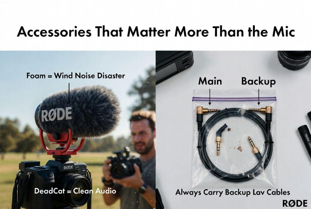 Split-panel educational image titled 'Accessories That Matter More Than the Mic'. Left side shows a RØDE camera microphone with a large furry DeadCat windshield mounted on a camera in a park, with text 'Foam = Wind Noise Disaster' and 'DeadCat = Clean Audio'. Right side displays two lavalier microphone cables labeled 'Main' and 'Backup' inside a clear Ziploc bag, with text 'Always Carry Backup Lav Cables'. Professional photography style highlighting essential audio accessories.