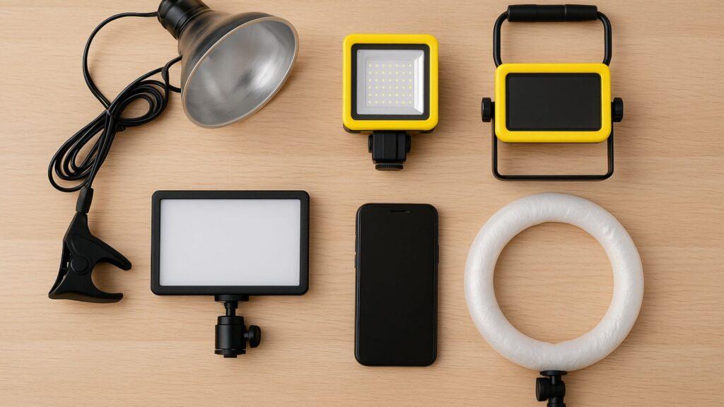 Affordable smartphone lighting options including clamp lamp, LED panel, hardware store work light, and DIY ring light for micro-budget filmmaking.