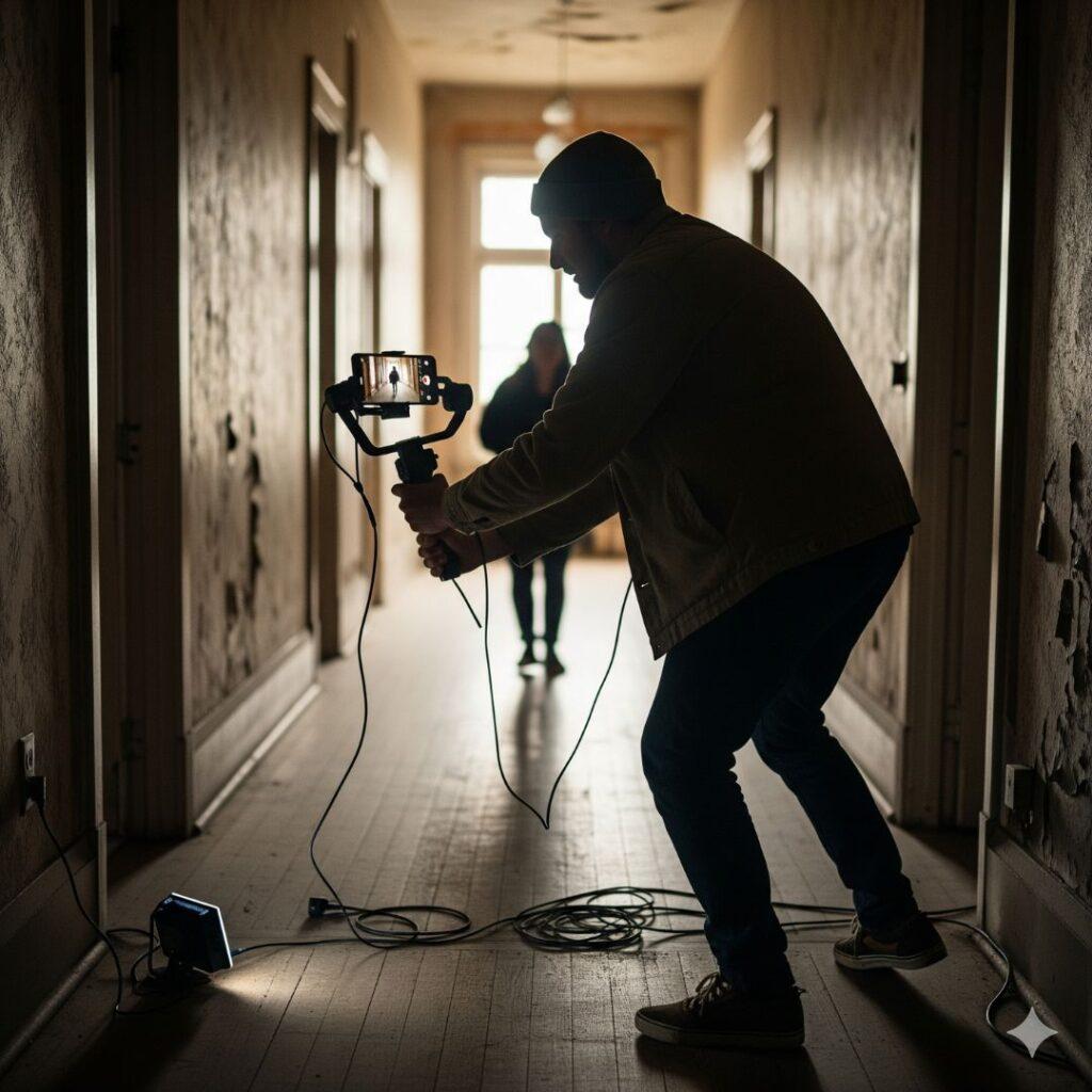 A lone filmmaker uses a smartphone mounted on a gimbal to film an actor in a dimly lit, narrow hallway. Minimal lighting equipment is visible, emphasizing the use of budget-friendly gear and creative environmental elements for dynamic shots in small-crew filmmaking.
