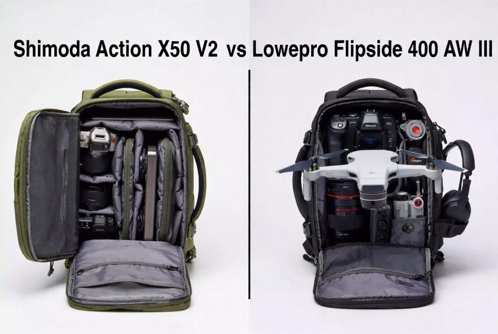 Alt text: Side-by-side comparison of two camera backpacks in a 16:9 split screen. Left: Open green Shimoda Action X50 V2 showing camera gear, lenses, and laptop sleeve. Right: Open black Lowepro Flipside 400 AW III showing a camera, drone, lenses, headphones, and accessories. Title at the top reads "Shimoda Action X50 V2 vs Lowepro Flipside 400 AW III".