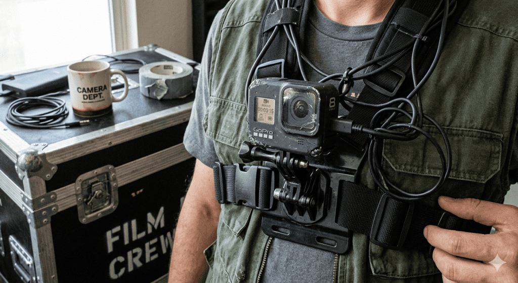 Close-up of a DIY chest harness with a scuffed action cam on a J-hook, nylon straps cinched tight, a tangle of cables and a half-drunk coffee on a road case behind it.